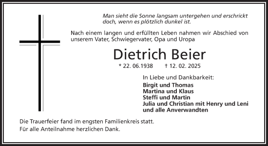 Traueranzeige von Dietrich Beier von Frankenpost