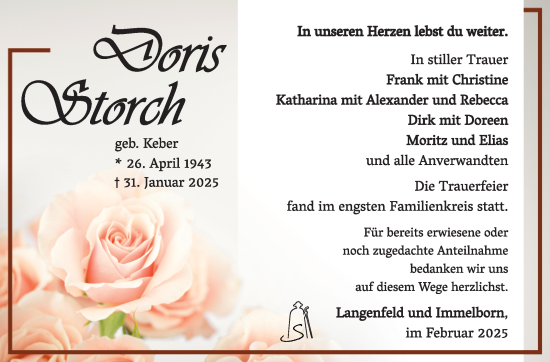 Traueranzeige von Doris Storch von Südthüringer Presse
