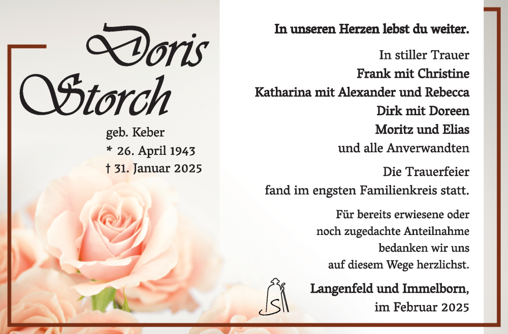  Traueranzeige für Doris Storch vom 28.02.2025 aus Südthüringer Presse