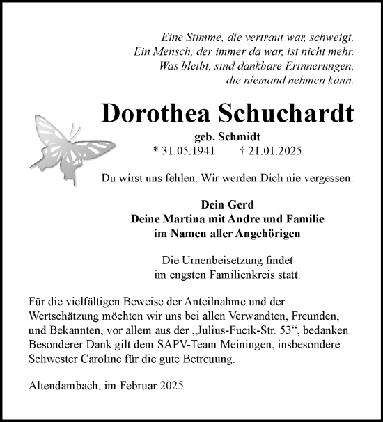 Traueranzeige von Dorothea Schuchardt von Südthüringer Presse