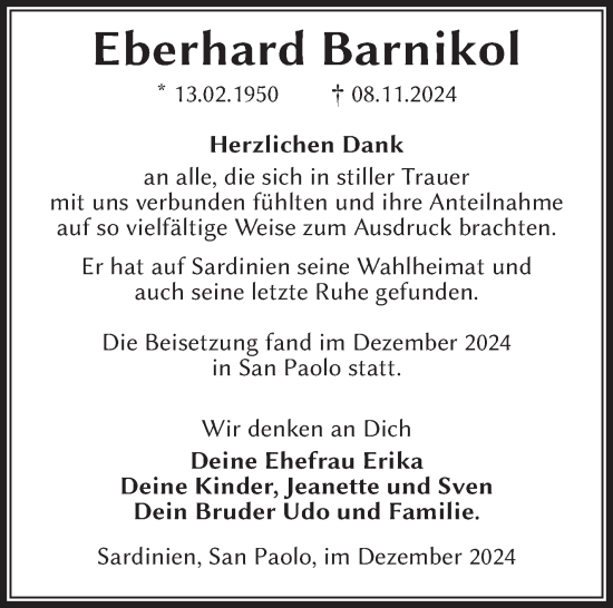 Traueranzeige von Eberhard Barnikol von Südthüringer Presse