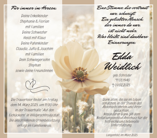 Traueranzeige von Edda Weidlich von Südthüringer Presse