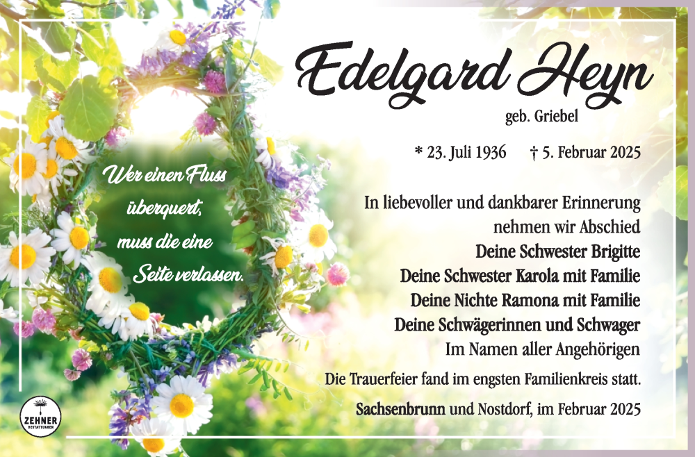  Traueranzeige für Edelgard Heyn vom 01.03.2025 aus Südthüringer Presse