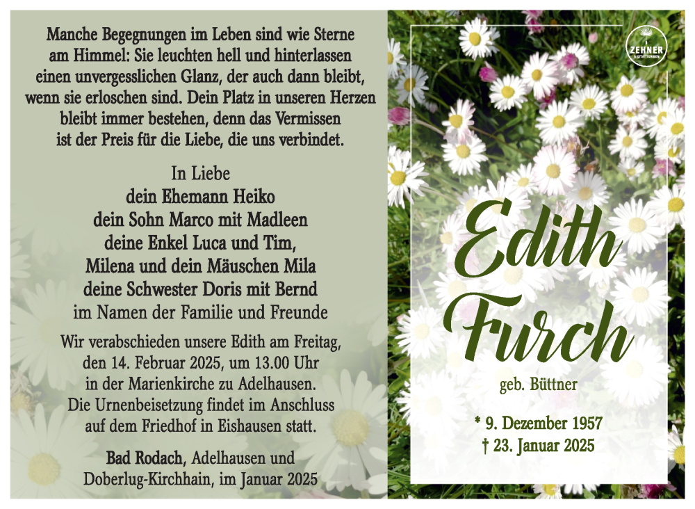  Traueranzeige für Edith Furch vom 08.02.2025 aus Südthüringer Presse