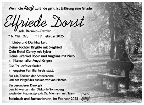 Traueranzeige von Elfriede Dorst von Südthüringer Presse
