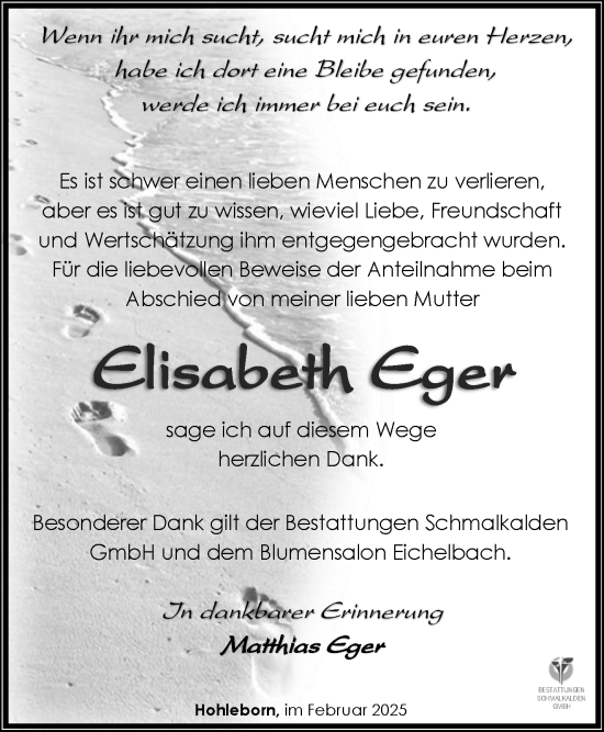 Traueranzeige von Elisabeth Eger von Südthüringer Presse