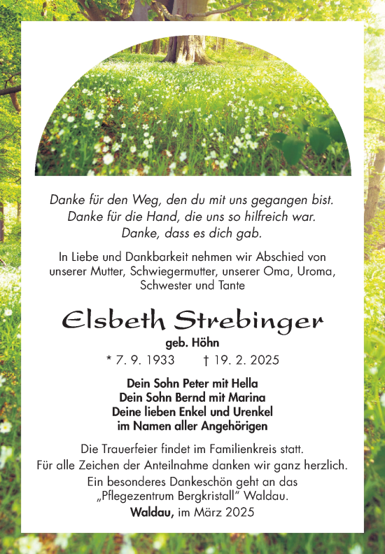 Traueranzeige von Elsbeth Strebinger von Südthüringer Presse