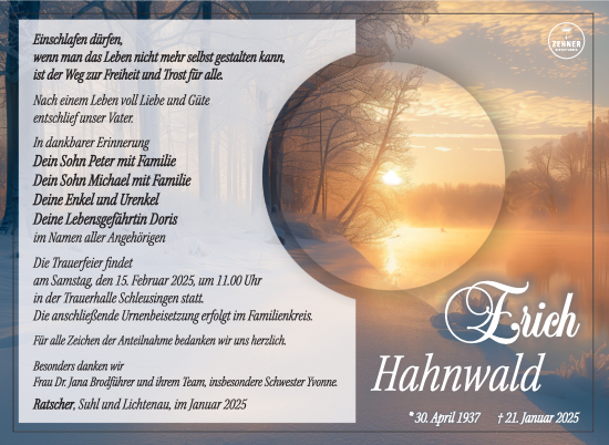 Traueranzeige von Erich Hahnwald von Südthüringer Presse