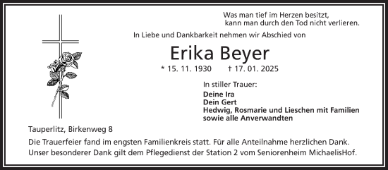 Traueranzeige von Erika Beyer von Frankenpost