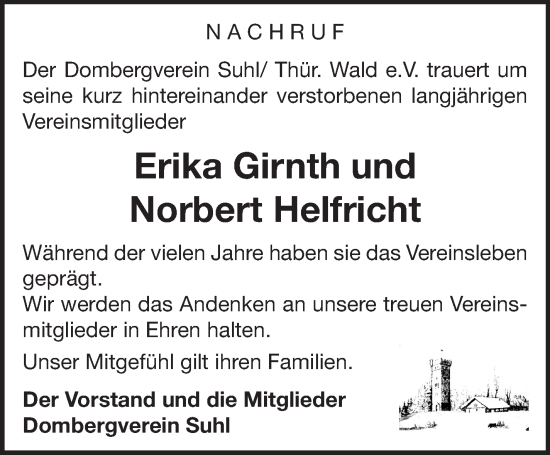 Traueranzeige von Erika Girnth von Südthüringer Presse