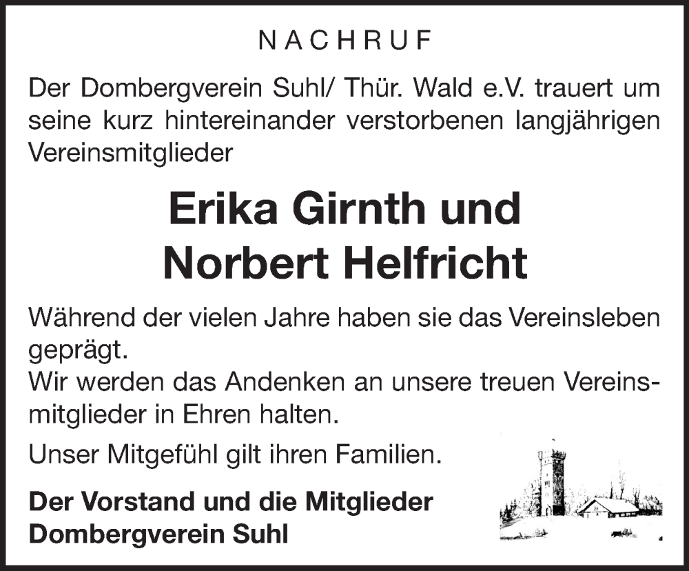 Traueranzeige für Erika Girnth vom 08.02.2025 aus Südthüringer Presse