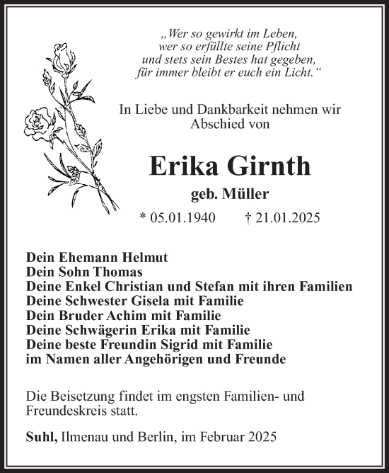 Traueranzeige von Erika Girnth von Südthüringer Presse