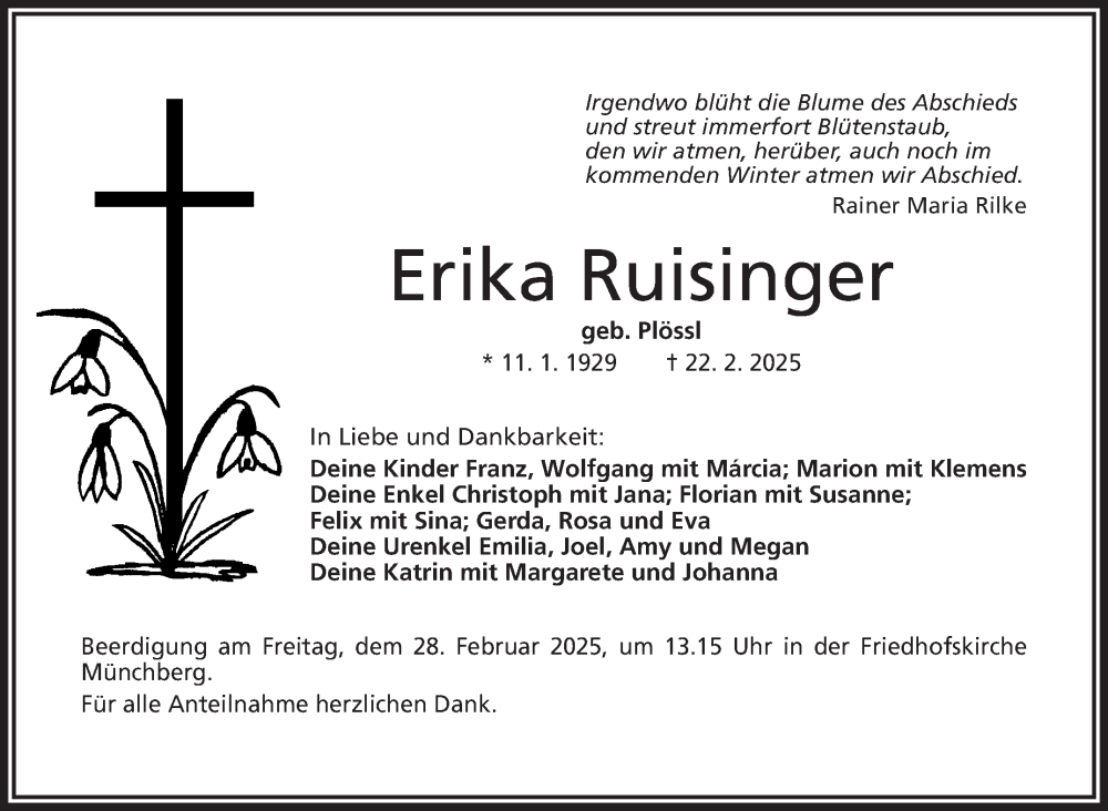  Traueranzeige für Erika Ruisinger vom 26.02.2025 aus Frankenpost