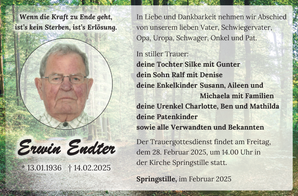  Traueranzeige für Erwin Endter vom 22.02.2025 aus Südthüringer Presse