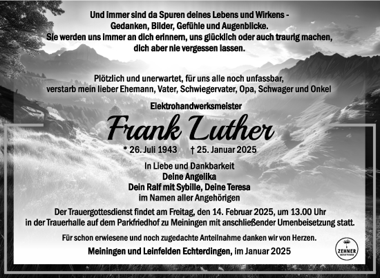 Traueranzeige von Frank Luther von Südthüringer Presse