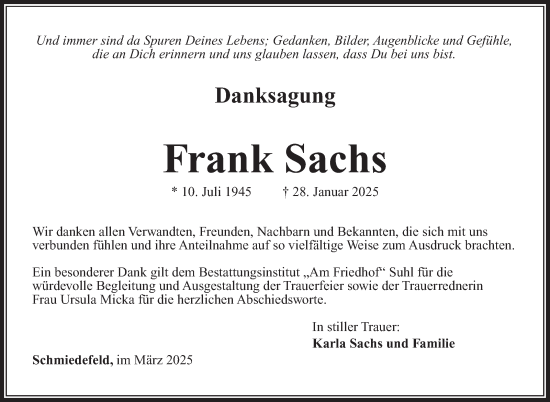 Traueranzeige von Frank Sachs von Südthüringer Presse