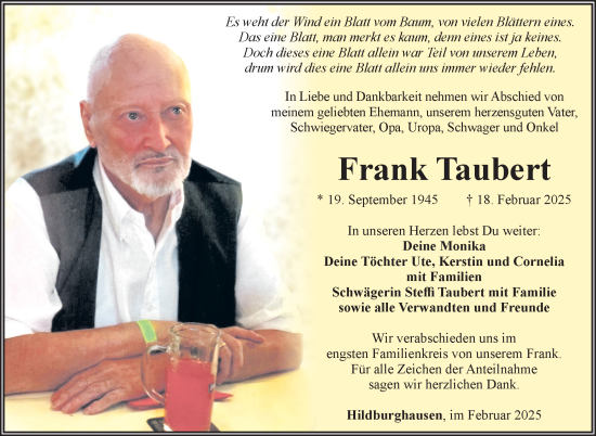 Traueranzeige von Frank Taubert von Südthüringer Presse