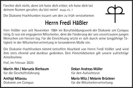 Traueranzeige von Fredi Häßler von Frankenpost