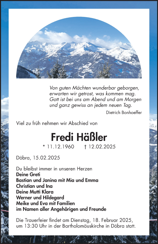 Traueranzeige von Fredi Häßler von Frankenpost