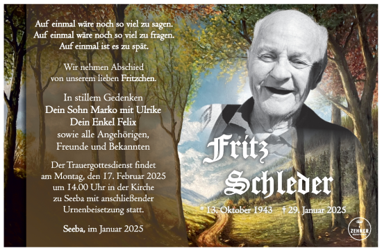 Traueranzeige von Fritz Schleder von Südthüringer Presse