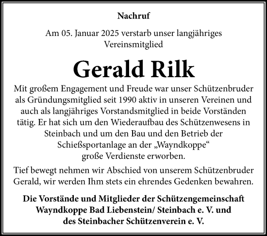 Traueranzeige von Gerald Rilk von Südthüringer Presse