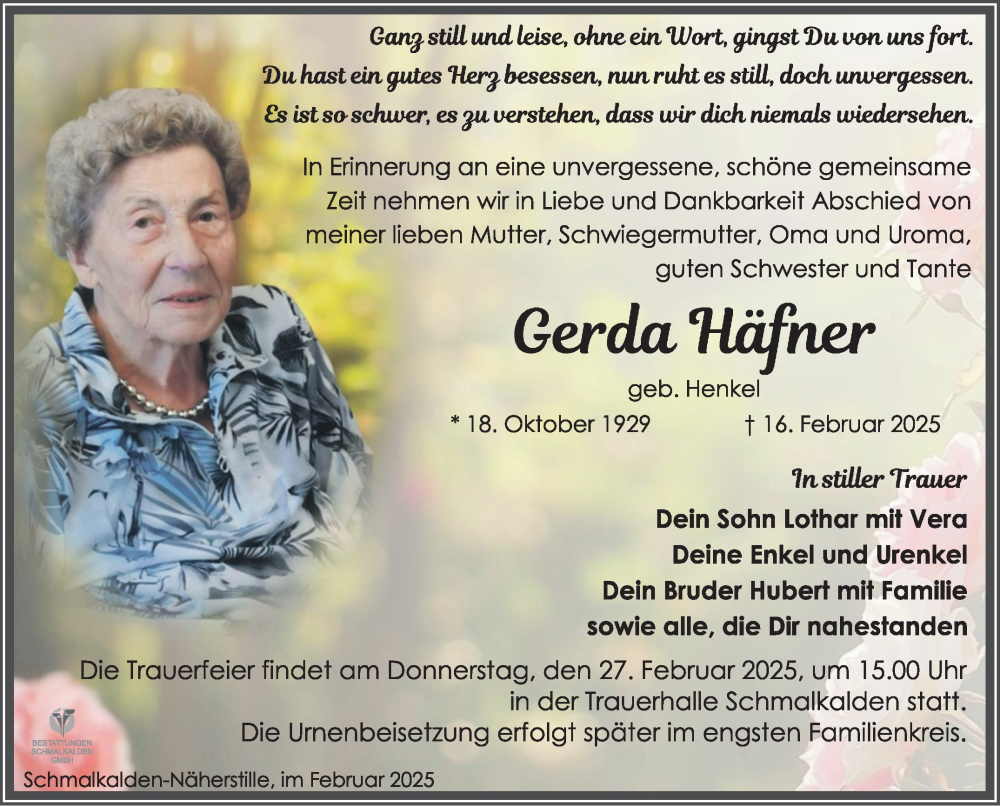  Traueranzeige für Gerda Häfner vom 22.02.2025 aus Südthüringer Presse