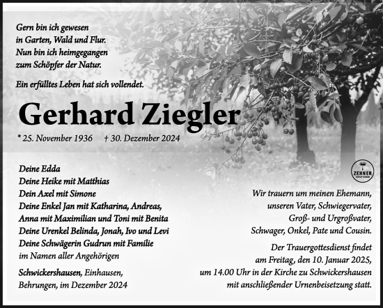 Traueranzeige von Gerhard Ziegler von Südthüringer Presse