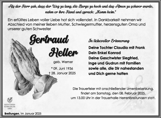 Traueranzeige von Gertraud Heller von Südthüringer Presse