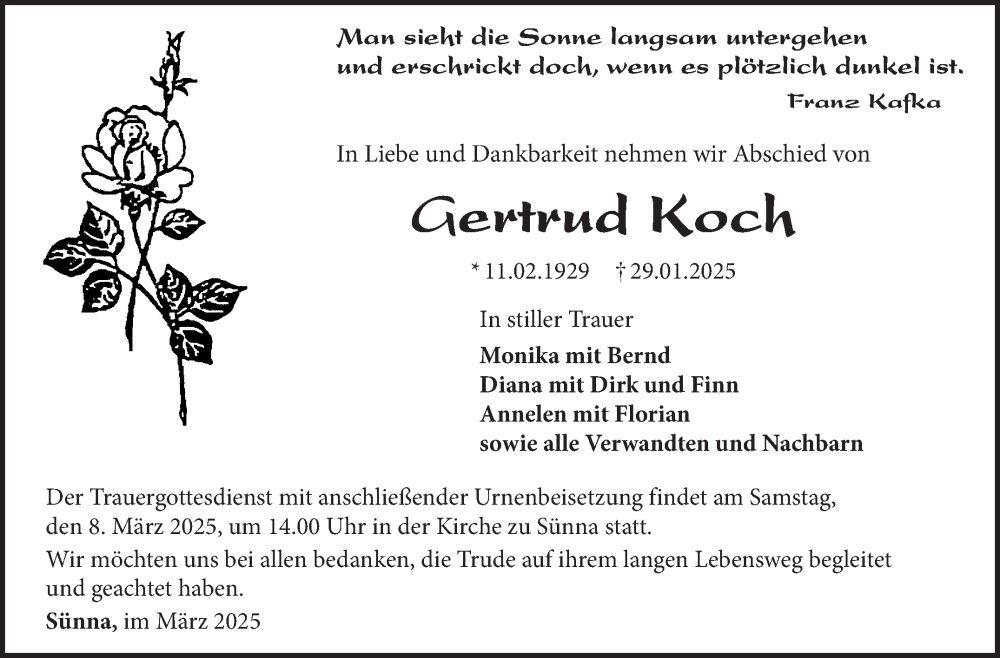  Traueranzeige für Gertrud Koch vom 01.03.2025 aus Südthüringer Presse