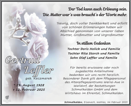 Traueranzeige von Gertrud Leffler von Südthüringer Presse