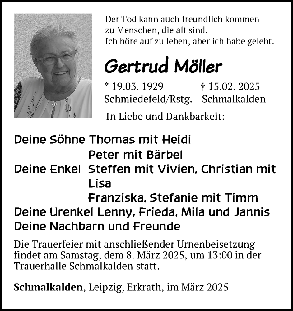  Traueranzeige für Gertrud Möller vom 01.03.2025 aus Südthüringer Presse