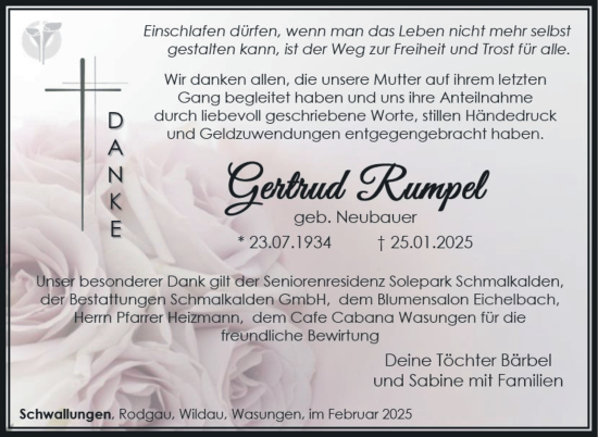 Traueranzeige von Gertrud Rumpel von Südthüringer Presse