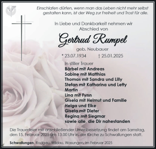 Traueranzeige von Gertrud Rumpel von Südthüringer Presse