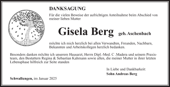 Traueranzeige von Gisela Berg von Südthüringer Presse