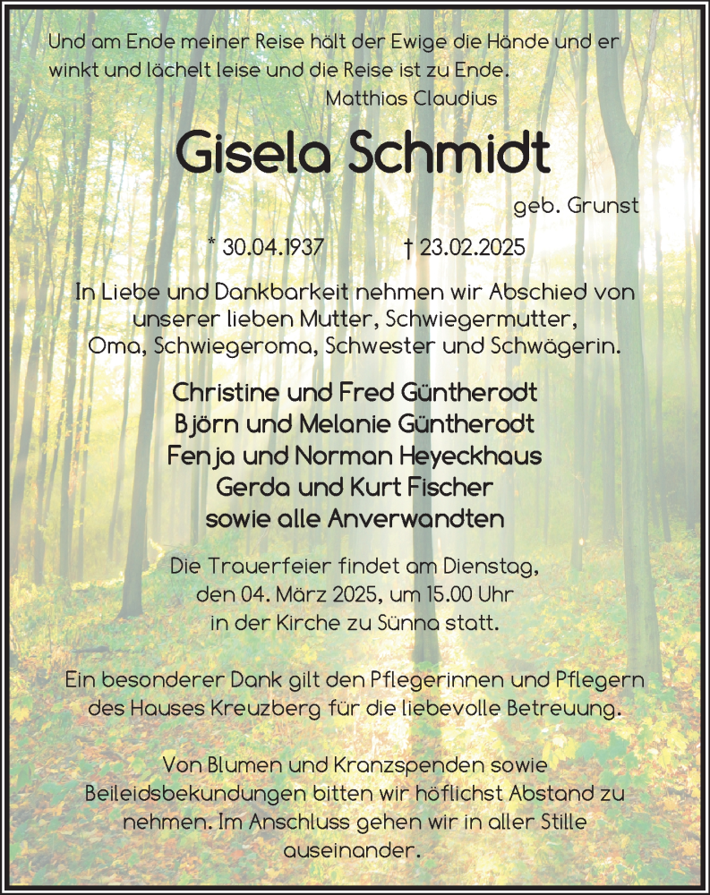  Traueranzeige für Gisela Schmidt vom 01.03.2025 aus Südthüringer Presse