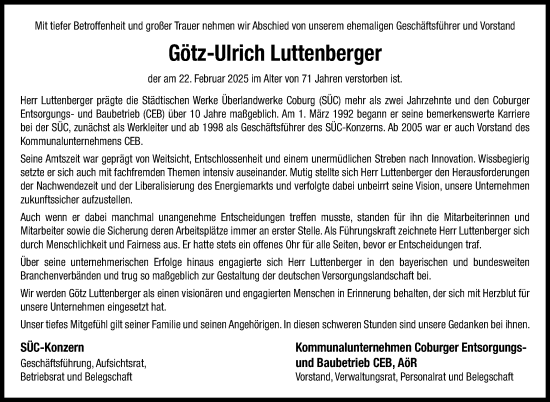 Traueranzeige von Götz-Ulrich Luttenberger von Neue Presse Coburg
