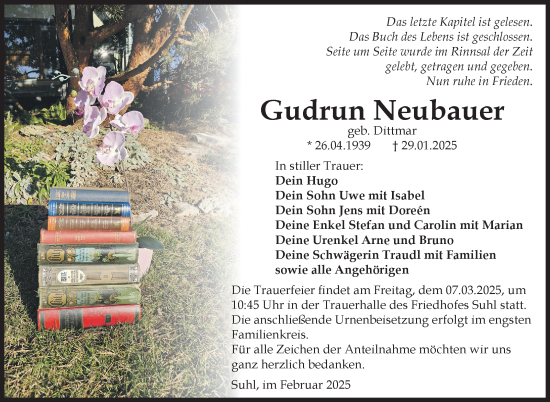 Traueranzeige von Gudrun Neubauer von Südthüringer Presse
