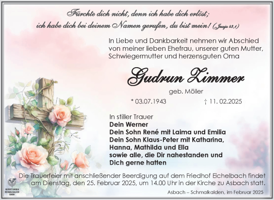 Traueranzeige von Gudrun Zimmer von Südthüringer Presse