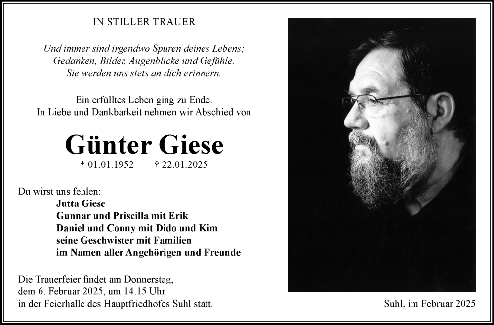  Traueranzeige für Günter Giese vom 01.02.2025 aus Südthüringer Presse