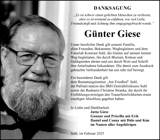 Traueranzeige von Günter Giese von Südthüringer Presse