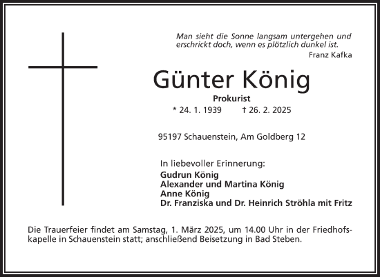 Traueranzeige von Günter König von Frankenpost