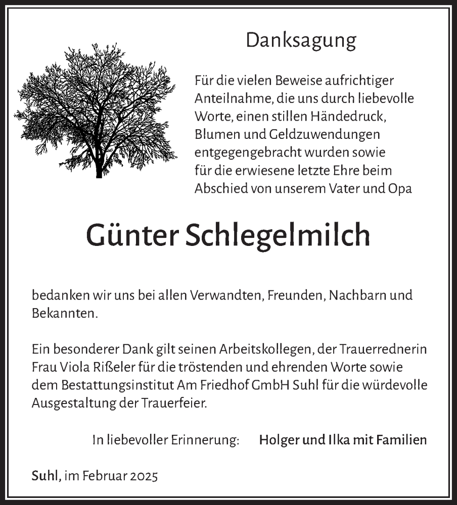  Traueranzeige für Günter Schlegelmilch vom 08.02.2025 aus Südthüringer Presse