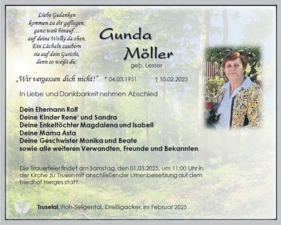Traueranzeige von Gunda Möller von Südthüringer Presse