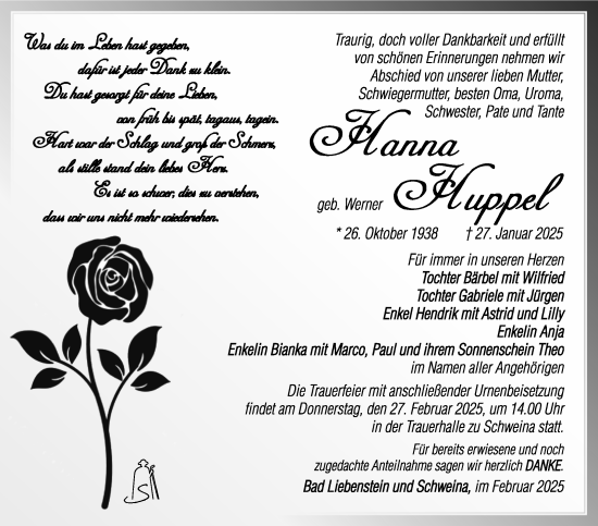 Traueranzeige von Hanna Huppel von Südthüringer Presse