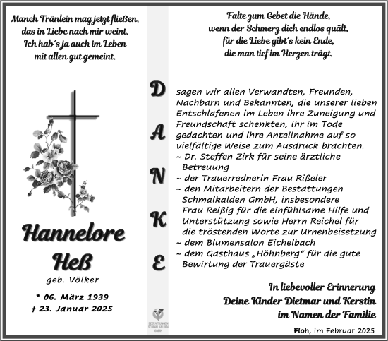 Traueranzeige von Hannelore Heß von Südthüringer Presse