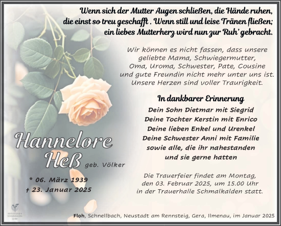 Traueranzeige von Hannelore Heß von Südthüringer Presse