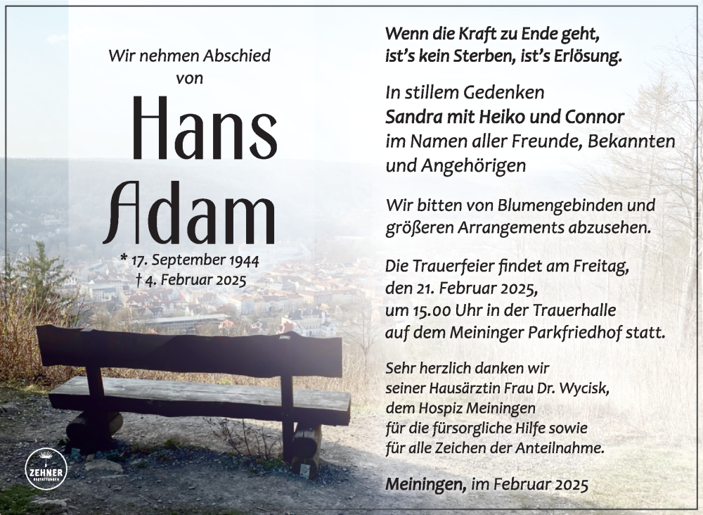  Traueranzeige für Hans Adam vom 08.02.2025 aus Südthüringer Presse