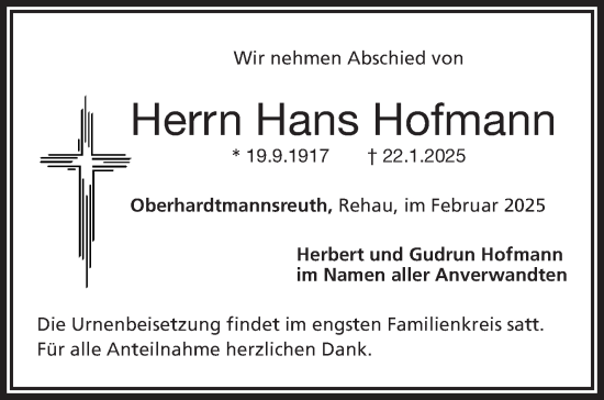 Traueranzeige von Hans Hofmann von Frankenpost