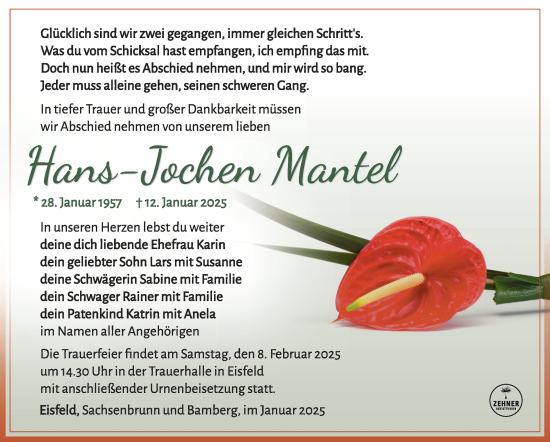 Traueranzeige von Hans-Jochen Mantel von Südthüringer Presse