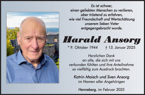 Traueranzeige von Harald Ansorg von Südthüringer Presse